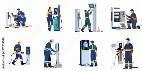 Professional Technicians and Electricians Installing and Maintaining Electric Vehicle Charging Stations, Set of Flat Vector Illustrations