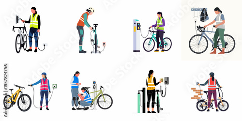 Set of flat illustrations featuring people charging electric bicycles at various charging stations, representing eco-friendly urban transportation and commuting.