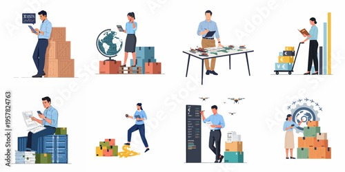 Set of illustrations depicting global logistics, supply chain management, international trade, warehouse operations, and data tracking with professional business characters.