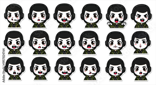 Cute Gamer Boy Character Emote Sticker Set, Kawaii Gaming Avatar Emoji Pack, Streaming Reaction Icons for Twitch Discord Vector