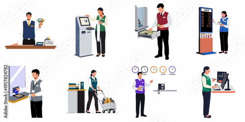 Vector Illustration Collection of Bank Staff and Currency Exchange Office Employees Performing Various Financial Tasks and Services