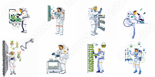 Set of flat vector illustrations of astronauts conducting scientific experiments, laboratory research, and hydroponic plant cultivation for space exploration missions.