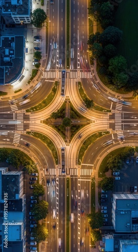 Illuminated Urban Crossroads Aerial View Dynamic Cityscape at Night