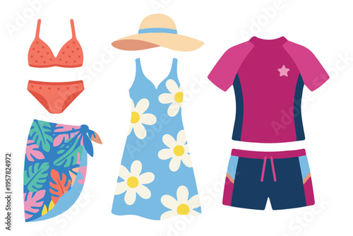 Women summer beachwear set with bikini sarong daisy dress and rash guard flat vector