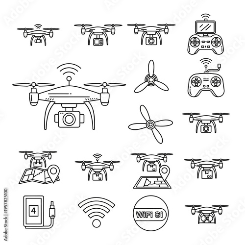 Drone and drone controller icons set.