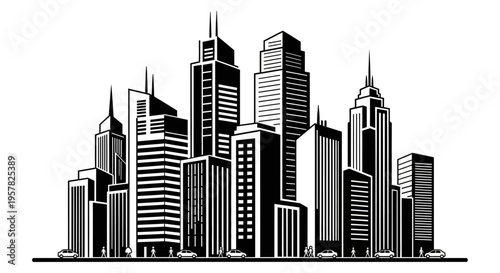 City skyline with tall buildings.