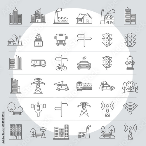 Collection of various city infrastructure icons.