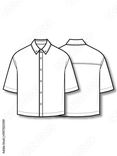 Mens cropped button down shirt technical flat fashion sketch vector template illustration front and back view short sleeve collared short length casual business apparel CAD drawing design mockup conce