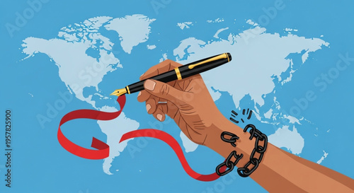 Hand holding a fountain pen, writing a red ribbon of free expression across a world map, symbolizing the liberation from censorship and global communication