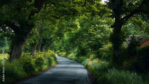 Countryside road lined with fresh green trees spring landscape background