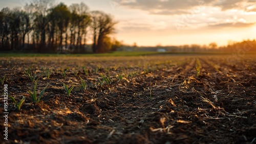 Spring farmland with wet soil texture and emerging crops agricultural background