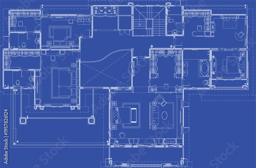 Second Floor Architectural Blueprint of Large Residential House with Interior Design, 4 Bedrooms, Living Room, Prayer Room and Central Hall