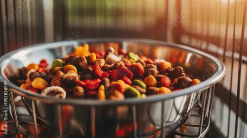 A bowl of brightly colored, small, assorted dry food, sitting inside a metal cage