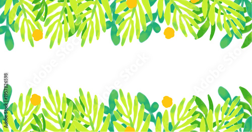 Watercolor style green fern leaves and yellow flowers top and bottom border frame, botanical vector, EPS
