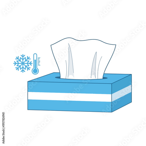 Box of tissues with a snowflake and thermometer, representing cold or flu.