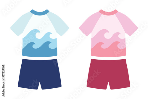 Kids rash guard and swim shorts set with sea wave ocean pattern flat vector