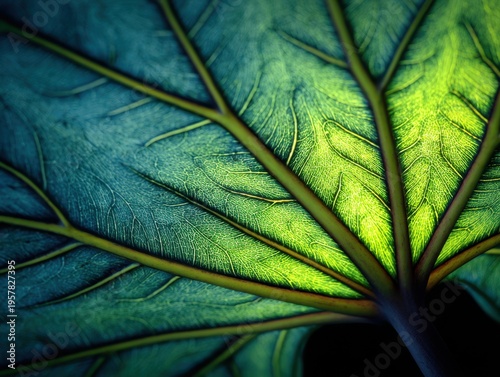 Extreme close up of backlit leaf veins showing intricate patterns and vibrant green and blue hues macro