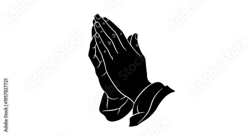 Black and white silhouette of praying hands on white background
