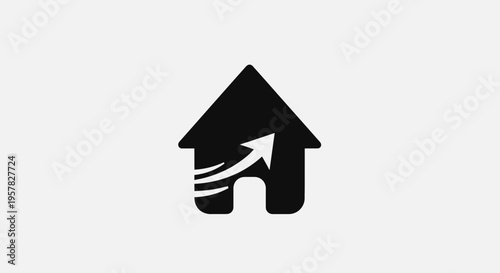 Black house icon with ascending arrow symbolizing growth and development