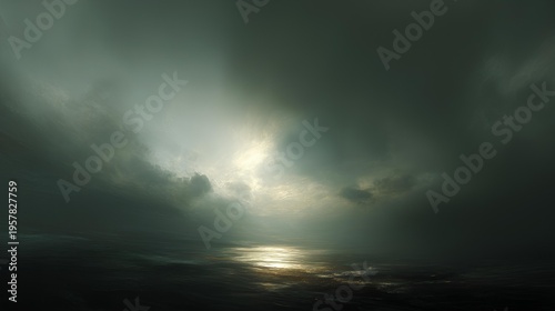 Dramatic Cloudscape over Ocean: A breathtaking vista of an ocean beneath an epic cloudscape, where sunlight breaks through the atmospheric layers, casting an ethereal glow upon the water. 
