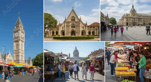 Diverse architectural structures and outdoor market scenes under clear skies
