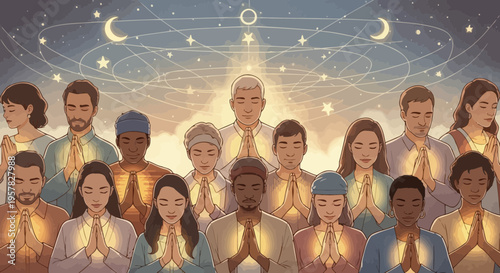 Diverse group with glowing hands and celestial backdrop