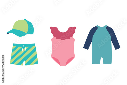 Children swimwear set with swimsuit rash guard and sun cap flat vector illustration