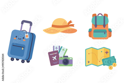 Summer travel vacation set with suitcase passport camera and map flat vector