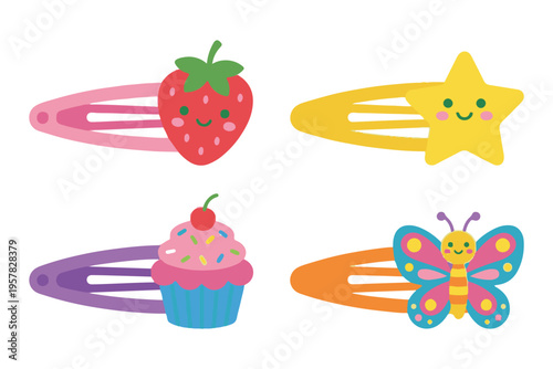 Cute hair clip set for girls with strawberry star cupcake and butterfly flat vector illustration