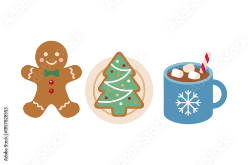 Sweet Christmas treats set with gingerbread man cookie and hot chocolate flat vector illustration