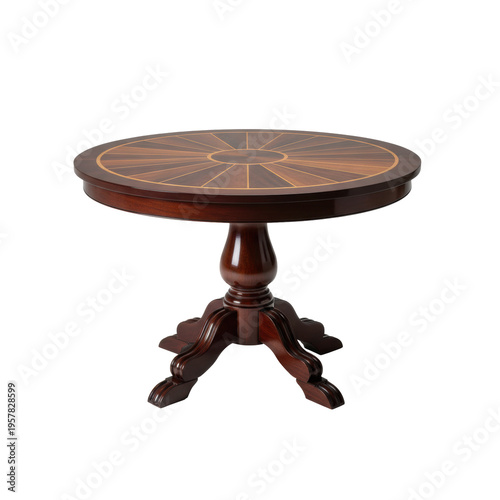 dark mahogany dining table featuring high-gloss lacquer and radial marquetry inlay, standing on an ornate neoclassical pedestal base in a commercial studio setting, concept of refined luxury furniture