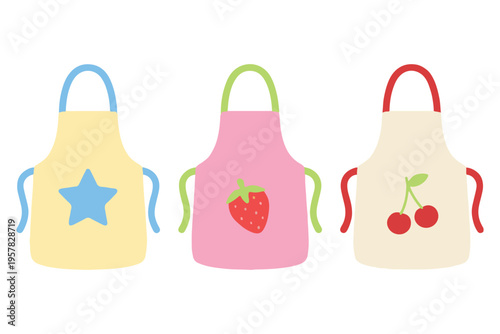 Cute colorful kids apron set with star strawberry and cherry pattern flat vector
