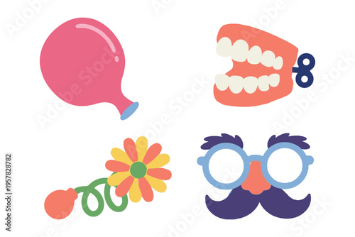Funny April Fools party props set with whoopee cushion chattering teeth and disguise mask flat vector