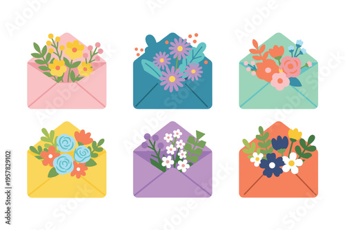 Floral envelope set with blooming flowers for greeting card and wedding invitation flat vector