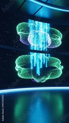 Two glowing orbs emitting blue light beams in a futuristic setting