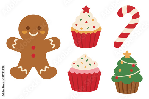 Delicious Christmas treat set with gingerbread man cupcakes and candy cane flat vector