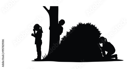 Children playing hide and seek near trees a dark silhouette