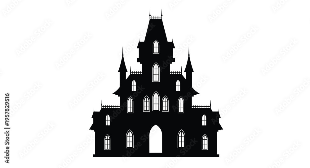 Fototapeta premium A dark gothic castle stands prominently against a white background silhouette