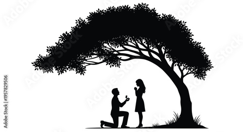 A romantic proposal takes place beneath a large tree silhouette