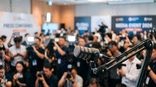 Professional microphone in focus with a crowd of journalists, photographers, and media professionals gathered at a global news conference event, Concept World Press Freedom Day.