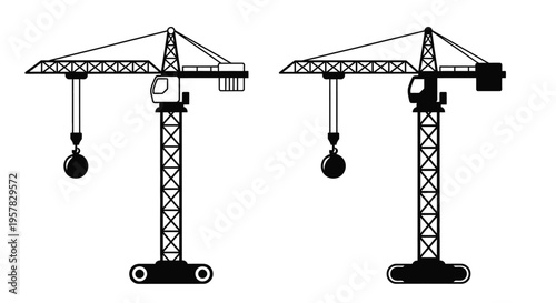 Two construction cranes depicted in a stark black silhouette