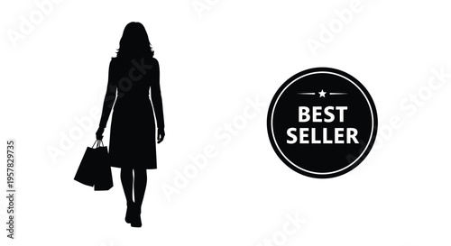 Woman walking with shopping bags and a best seller badge silhouette