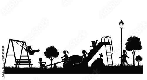 Children playing on a playground at sunset a striking silhouette