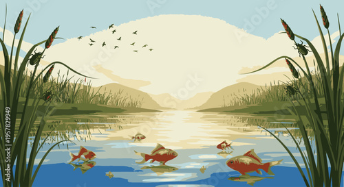 Digital illustration of koi fish swimming in a serene lake with cattails and mountains in the background under a sunny sky.