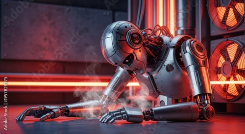 A deactivated metallic robot sits slumped in a dark industrial facility, surrounded by faint smoke and cooling mechanical components, machine, damaged, tech