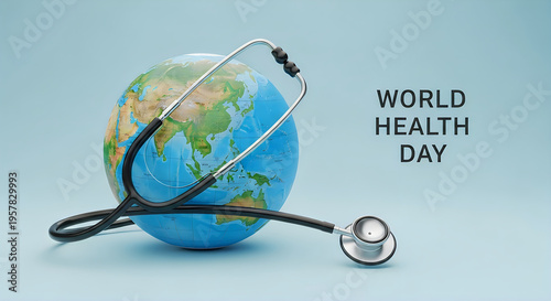 A stethoscope encircling a globe representing the global medical awareness for world health day