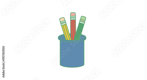 Colorful toothbrushes in blue holder.