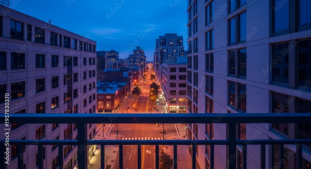 Fototapeta premium A view from a high balcony railing overlooks empty metropolitan streets at dusk, showing quiet architecture and peaceful urban atmosphere, pavement, serene, peaceful