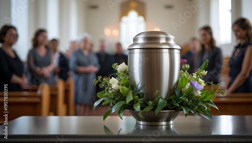 Solemn cremation urn with floral arrangement on table in church during a funeral or memorial service with final farewell