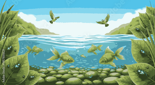 Illustration of fish swimming in a serene lake with rocks, water plants, and birds flying overhead under a blue sky with clouds.